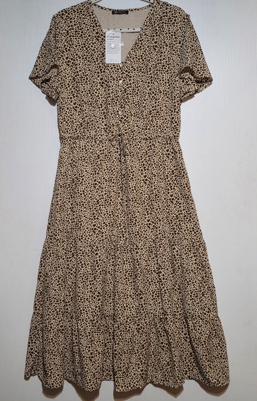 PrettyGarden Leopard Tiered Midi Dress Size L NWT Boho Animal Print